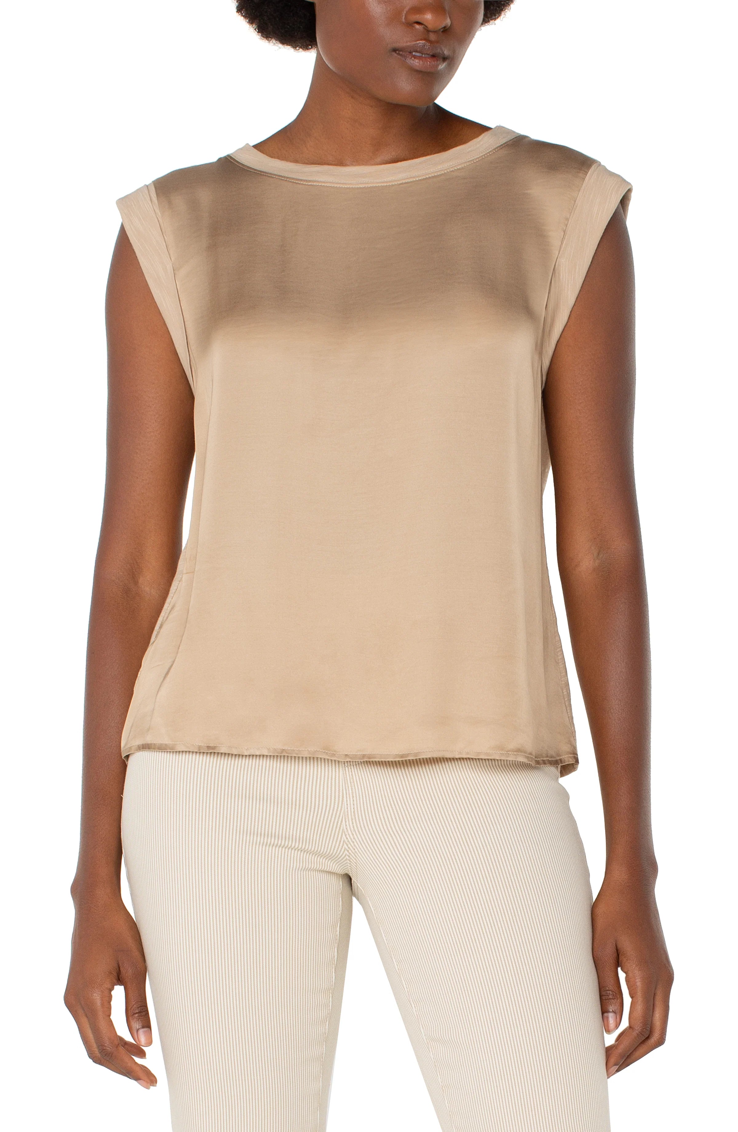 denim shirt tops for casual style-LIVERPOOL SLEEVELESS WOVEN KNIT TOP - CHAMPAGNE