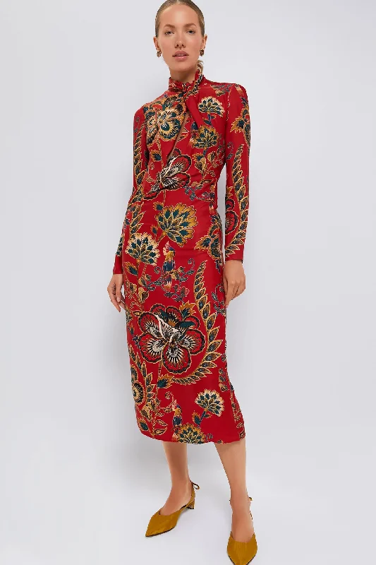 Affordable wedding guest maxi dresses-Red Floral Cutout Long Sleeve Midi Dress