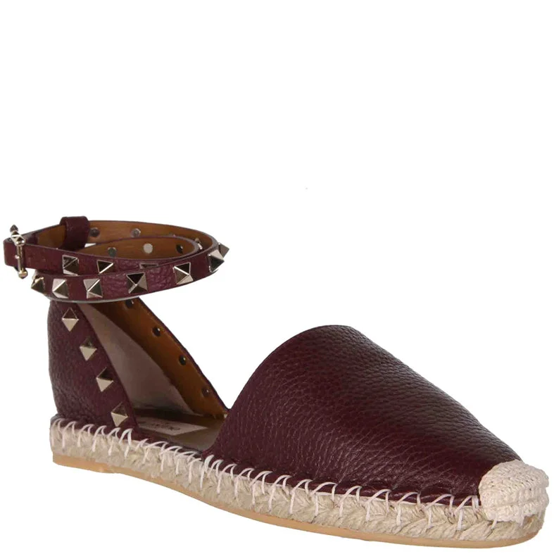 Flats with square toe chic design-Rockstud Espadrille Ankle Wrap Flat Grained, Rubin