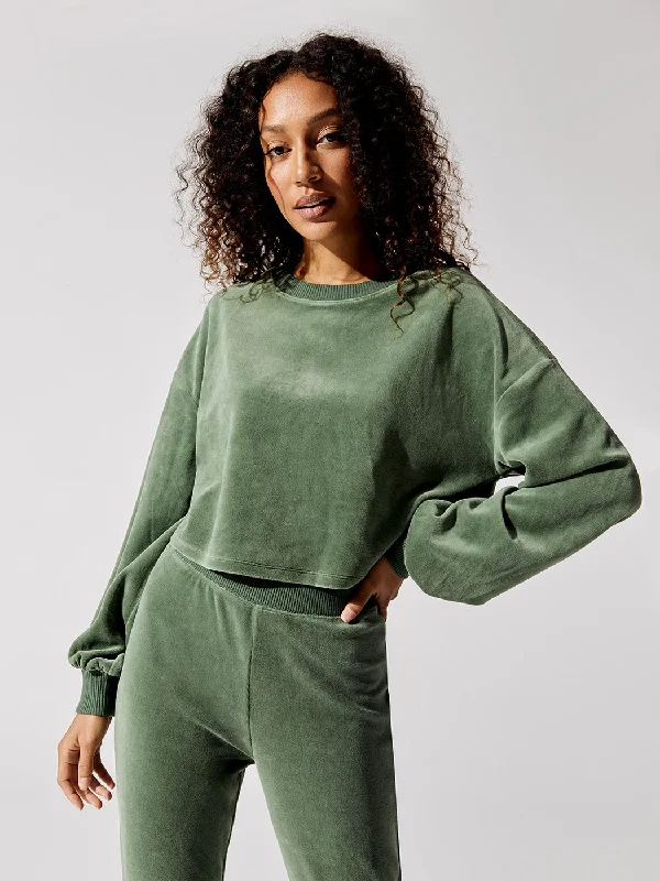 knitted tops for cozy vibes-Velour Crop Top - Evergreen