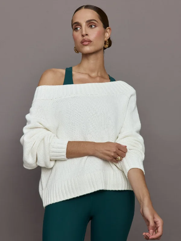 boho-style tops for laid-back fashion-Wool Blend Slouchy Knit Sweater - Off White