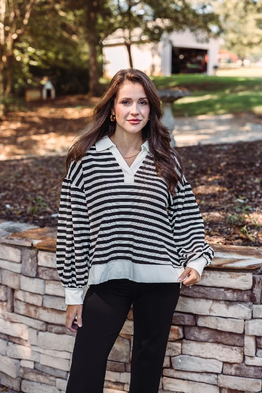 denim shirt tops for casual style-Simply Sweet Black Striped Top