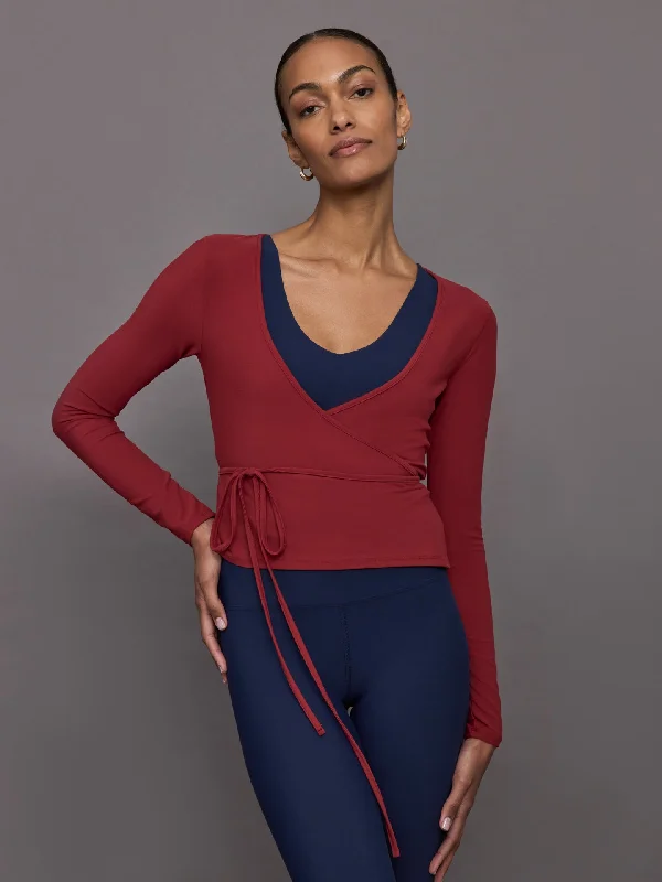 fashionable velvet tops for winter evenings-Long Sleeve Tie Top in Melt - Red Dahlia