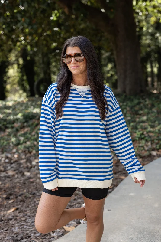 pleated blouses for fashionable texture-Striped Coziness Blue Pullover