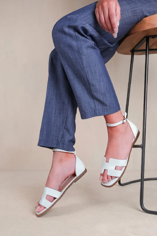 Flats with smooth leather sheen-ROME CUT OUT STRAP WITH ANKLE STRAP IN WHITE