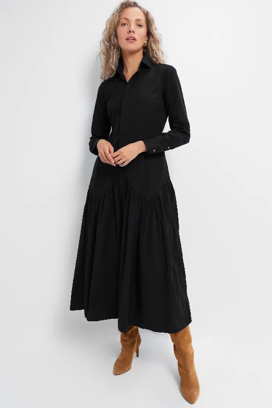 Bold plaid maxi dresses-Polo Black Cotton Poplin Long Sleeve Day Dress