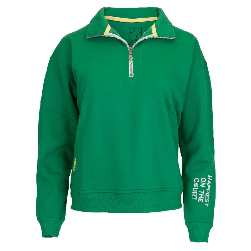 Hoodies & sweatshirts with tie-dye bold designs-Women`s Happiest On The Court 1/4 Zip Tennis Sweatshirt Green and White