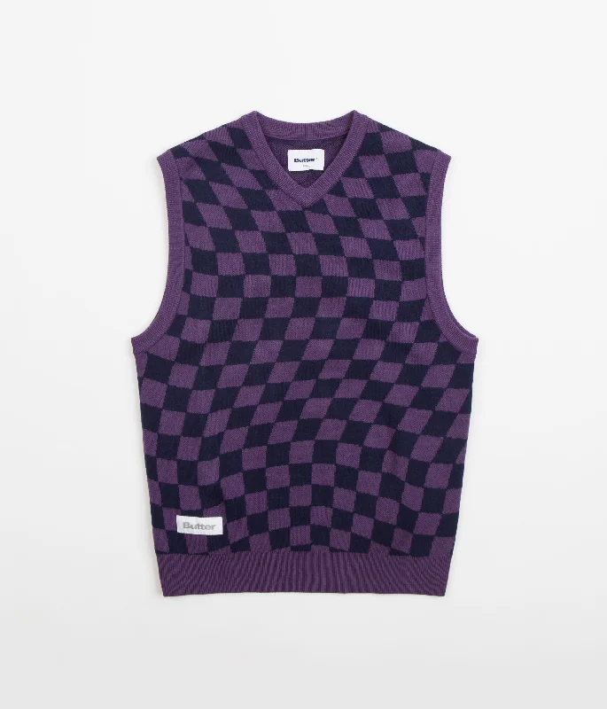 Hoodies & sweatshirts with sustainable bamboo fibers-Butter Goods Checker Knitted Vest - Navy / Indigo