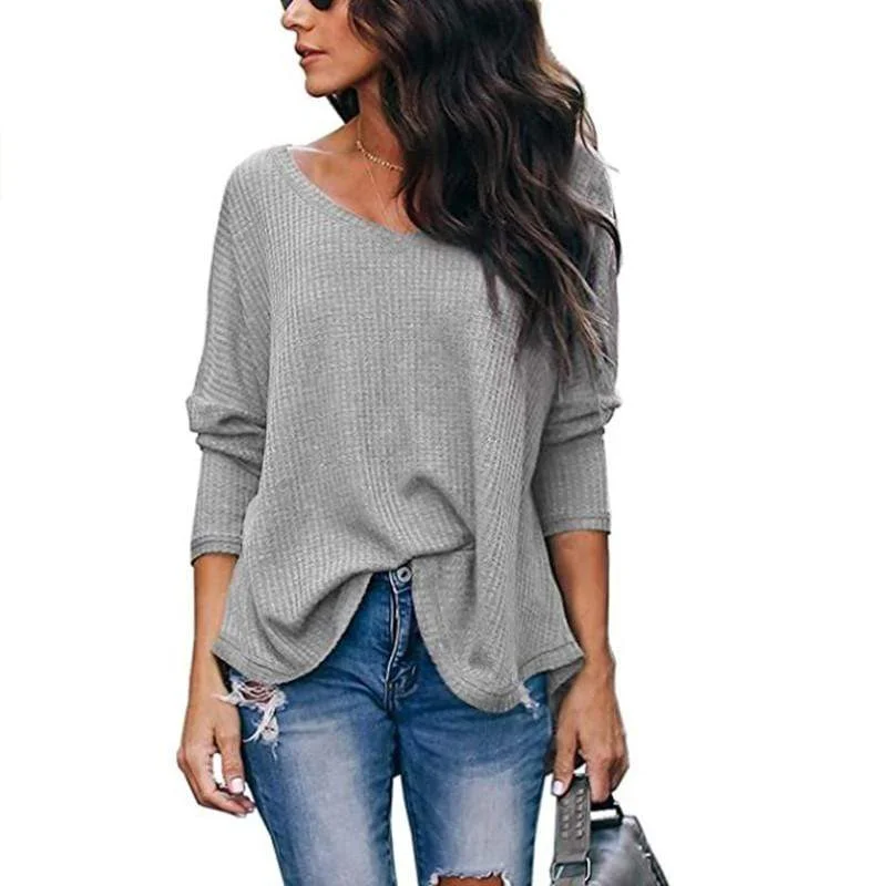 relaxed long-sleeve tops for casual style-Haute Edition Slouchy Waffle Knit V-Neck Long Sleeve Tee