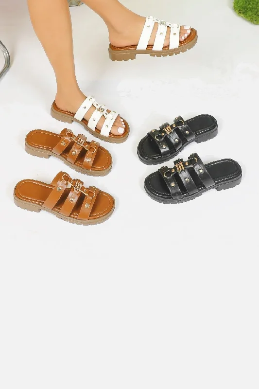 Flats with eco-friendly suede weave-BLACK MULTI STRAP STUD DETAIL CHUNKY FLAT SLIDER SANDAL