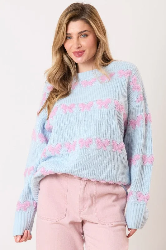 cotton tops for breathable wear-Bow Tie Babe Blue Sweater