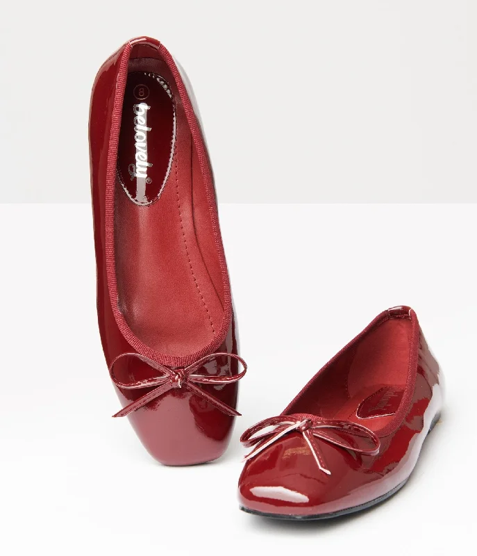 Flats with floral modern weaves-1960s Burgundy Patent Leatherette Flats