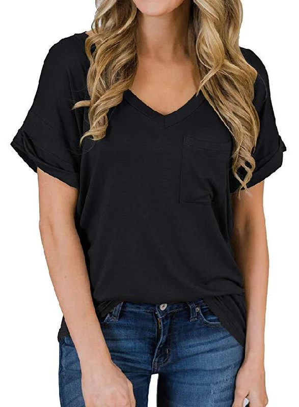 relaxed v-neck tops for casual wear-Haute Edition Women's Loose Relaxed Fit V-Neck Summer Top T-Shirt With Pocket