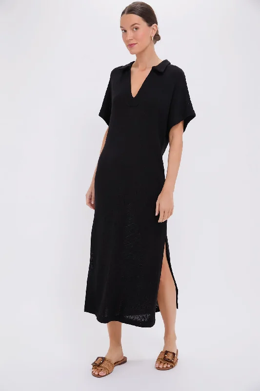 Soft knit maxi dresses-Black Knit Maren Polo Dress