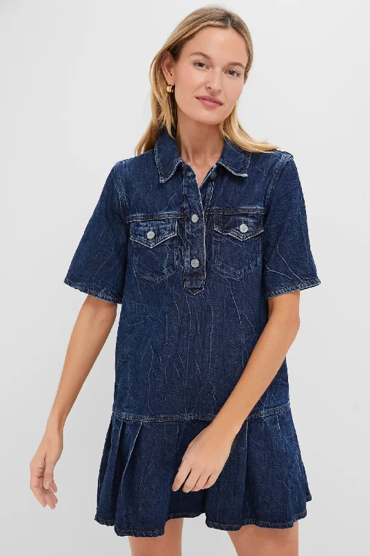 Party sequin dresses-Mid Blue Stone Crinkled Future Denim Mini Dress