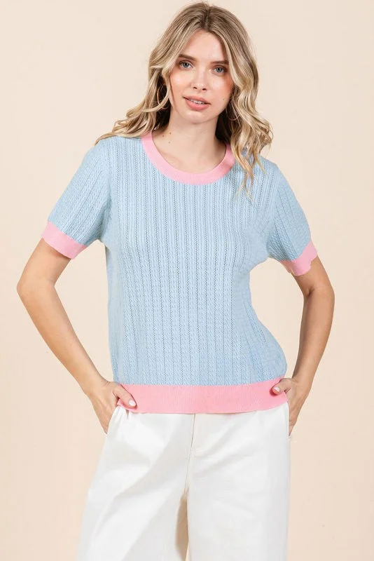 crochet sweater tops for relaxed looks-Cool Knit Blue Textured Top