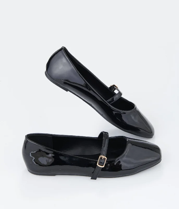 Flats with geometric chic appeal-Black Patent Leatherette Mary Jane Flats