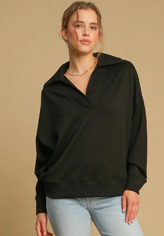 casual tops for weekend outings-Casual Promises Black Scuba Pullover