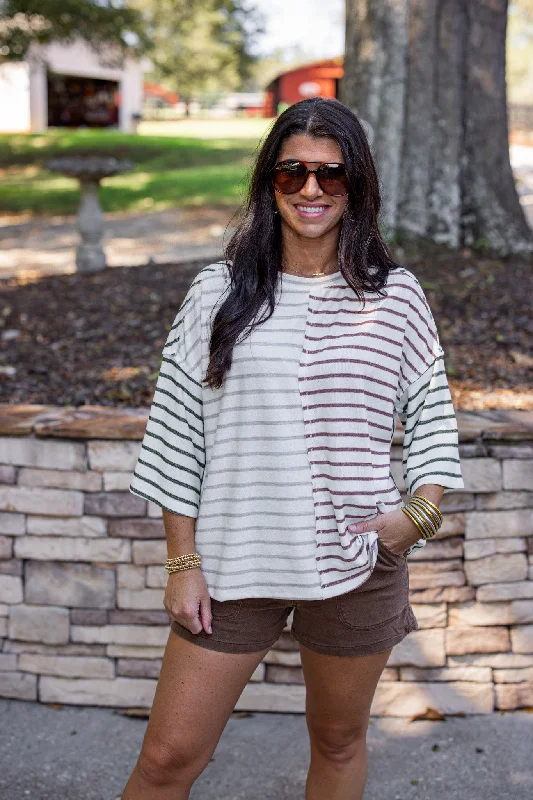 casual tank tops for hot summer days-Striped Colorblock Cream Knit Top