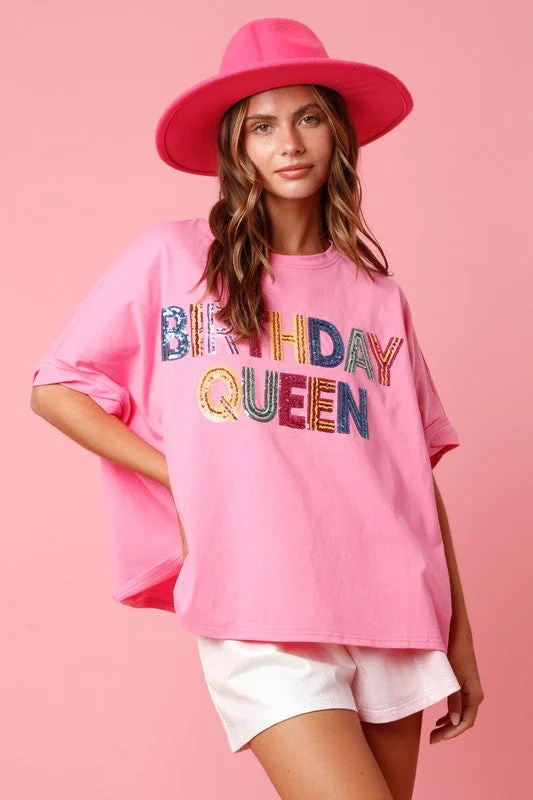 oversized hoodie tops for casual days-Sequin Birthday Queen Pink Top