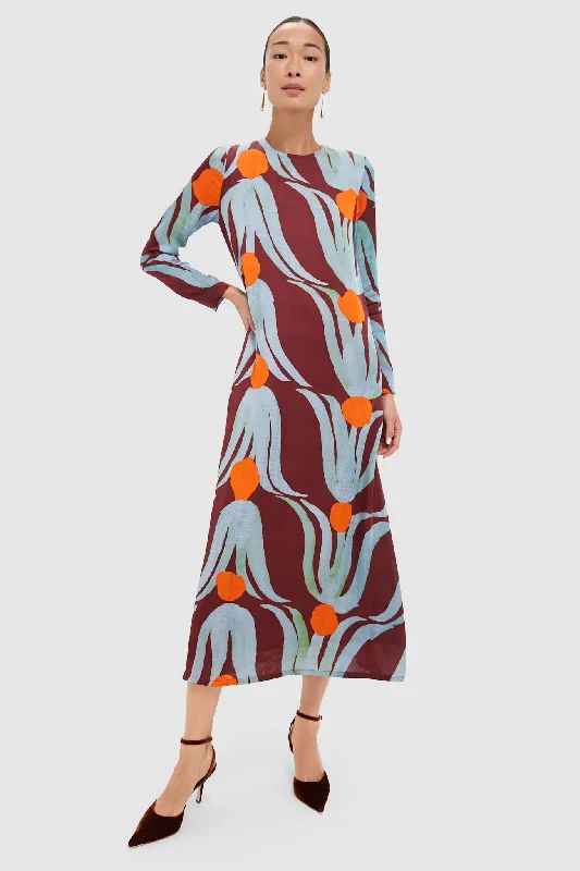 Vintage swing maxi dresses-Tulip Orange Long Sleeve Shift Maxi Dress