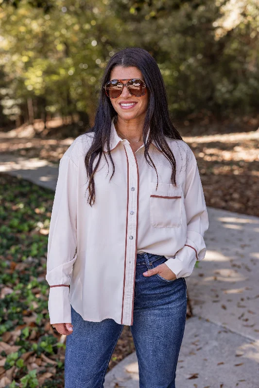 casual button-down tops for everyday wear-All Trimmed Up Ecru Top