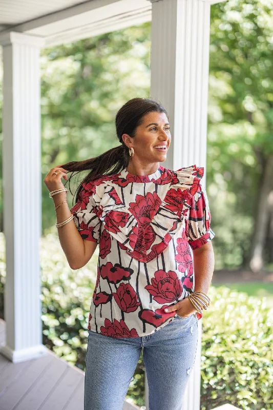 denim button-up tops for everyday wear-Abstract Blooms Red Floral Top