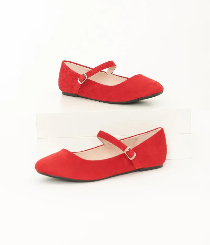 Flats with heavy canvas stability-Red Suede Mary Jane Flats