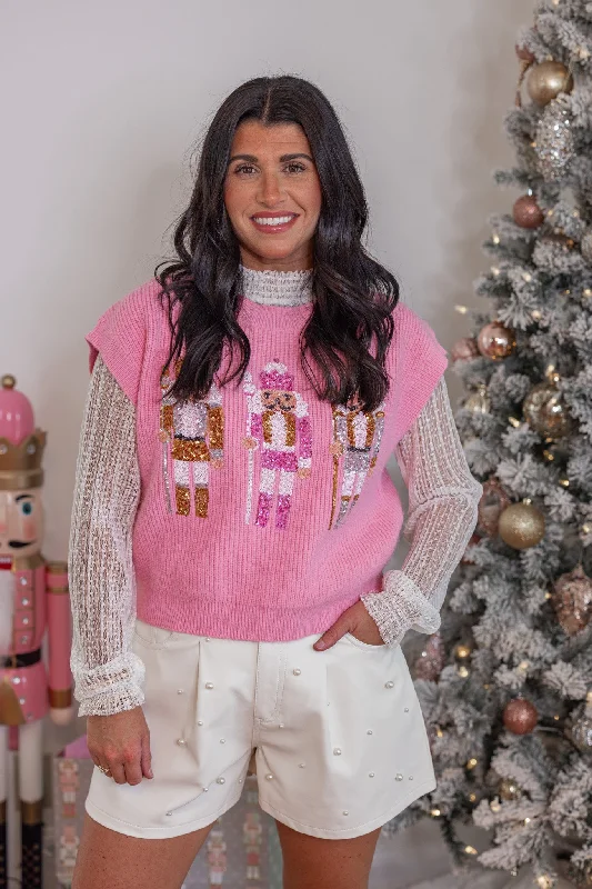 kimono tops for a relaxed vibe-Sequin Nutcracker Pink Sleeveless Sweater