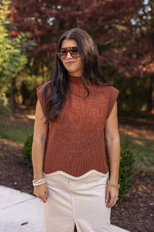 mock turtleneck tops for fall fashion-Autumn Glow Brown Ribbed Sweater