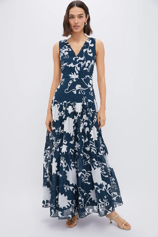 Formal satin dresses-Blue Flower Screen Antheia Midi Dress