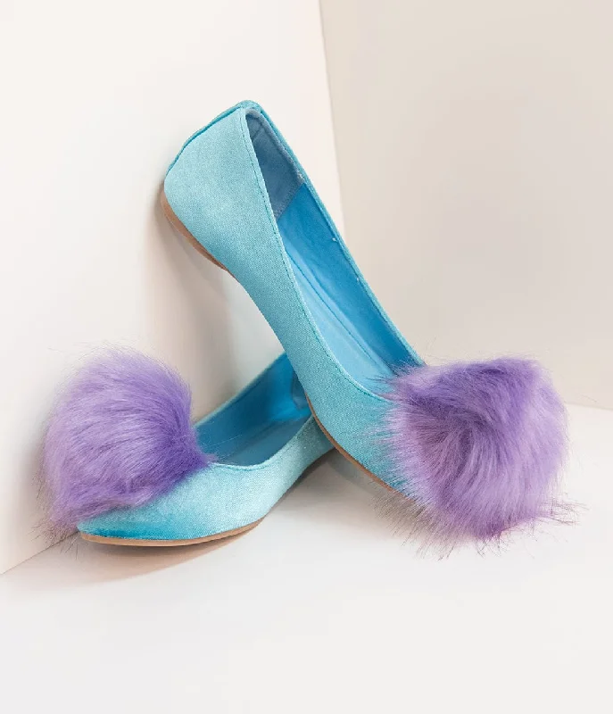 Flats with slip-on durable style-Teal Velvet & Purple Pom Pom Ballet Flats