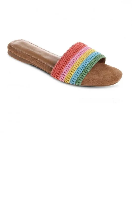 Flats with square toe bold design-MULTI COLOUR FLAT SLIDER SANDAL WITH RAINBOW KNITTED FRONT STRAP