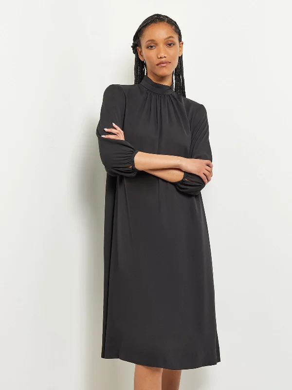 Trendy shirt midi dresses-Pleated Mock Neck Crepe de Chine A-Line Dress