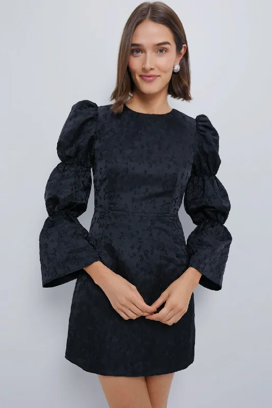 Elegant off-shoulder maxi dresses-Black Jacquard Puff Sleeve Darcy Mini Dress