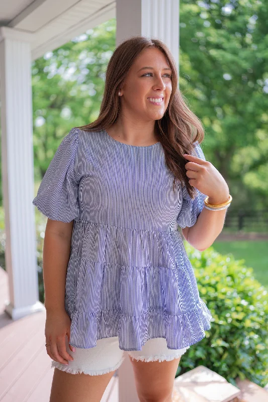 embroidered long-sleeve tops for style-Striped Inspiration Blue Tiered Top