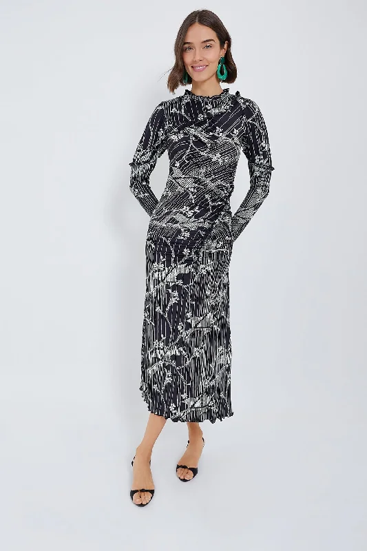 Bright party maxi dresses-Black Sunniva Print Ruffle Detail Long Sleeve Dress