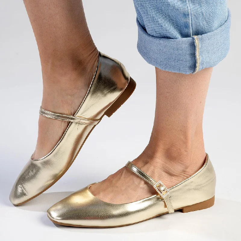 Flats with synthetic durable lining-Madison Jackilee Pump With Buckle Strap - Gold