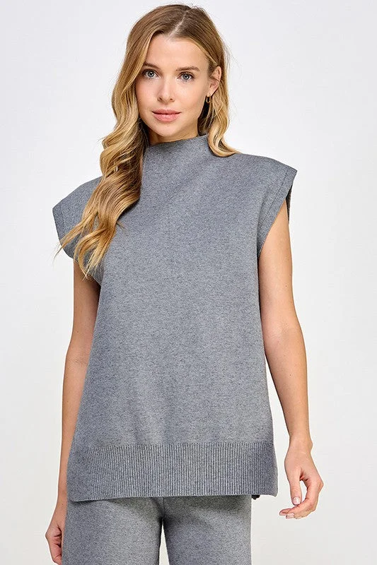 mock neck tops for fall fashion-Autumn Trends Grey Knit Top