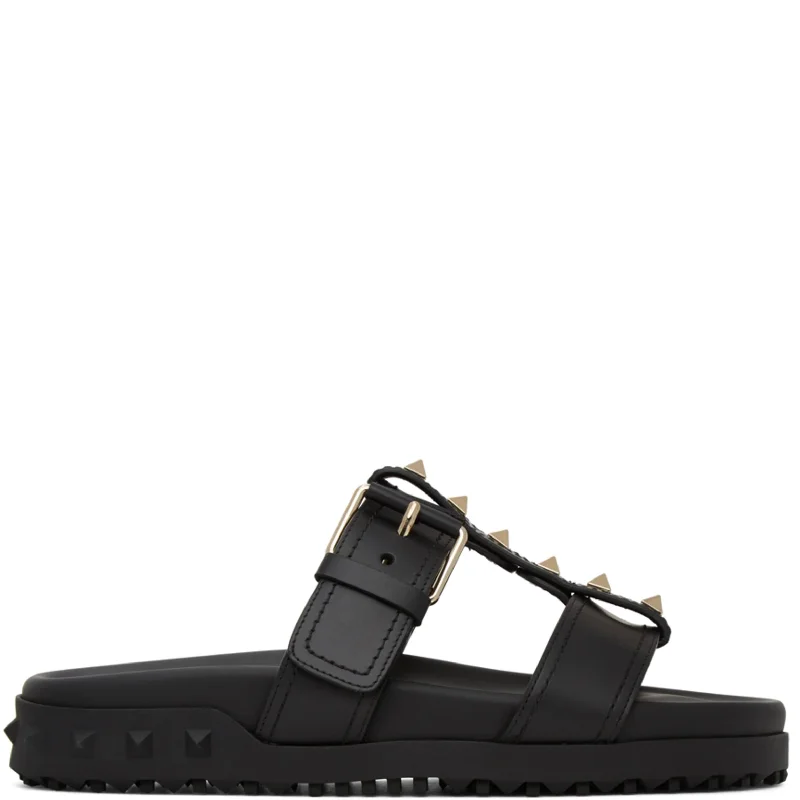 Flats with abstract bold designs-Rockstud Flat Base Slide, Black