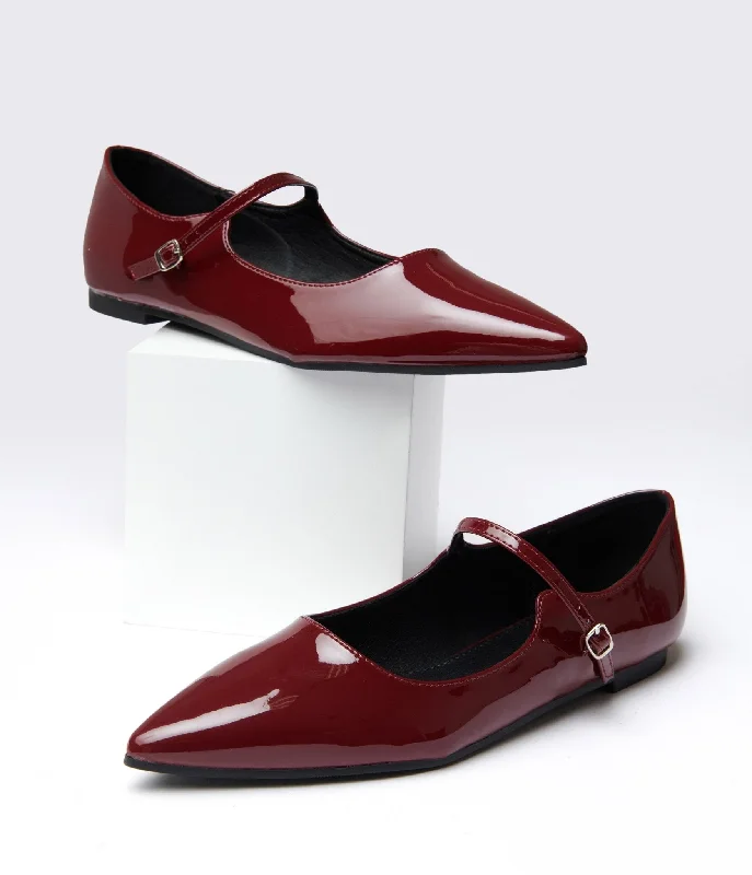 Flats with velvet chic softness-Burgundy Mary Jane Pointed Toe Flats