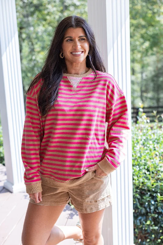 long-sleeve pullover tops for warmth-Striped Coziness Hot Pink Pullover