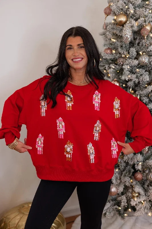 Hoodies & sweatshirts with graphic print style-Christmas Nutcrackers Red Sequin Sweatshirt