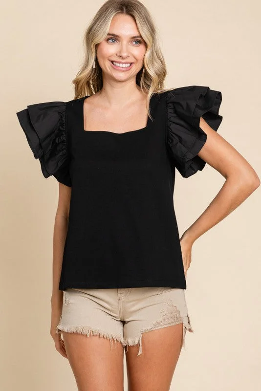 classic cotton tops for comfort-Ruffle Season Off Black Top