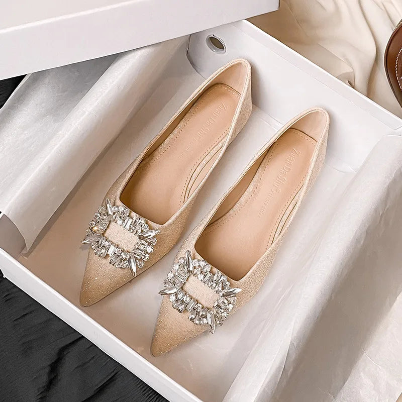 Flats with high-end custom elegance-Square Crystal Buckle Ballet Flats for Women - Wedding Shoes