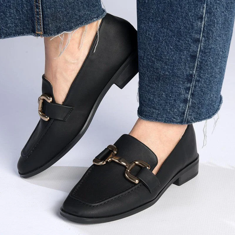 Flats with smooth velvet sheen-Madison Polly Loafer With Gold Metal Trim Detail - Black