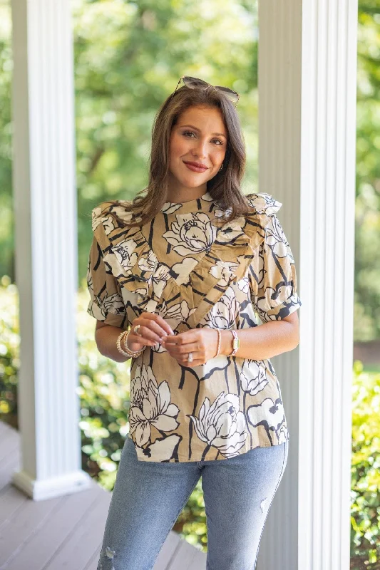 mock-neck blouse tops for professional style-Abstract Blooms Taupe Floral Top