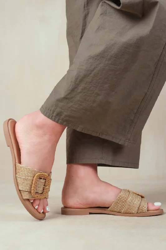 Flats with striped rustic elegance-NOON SLIP ON FLATS WITH RAFFIA DETAILING IN NATURAL FAUX LEATHER