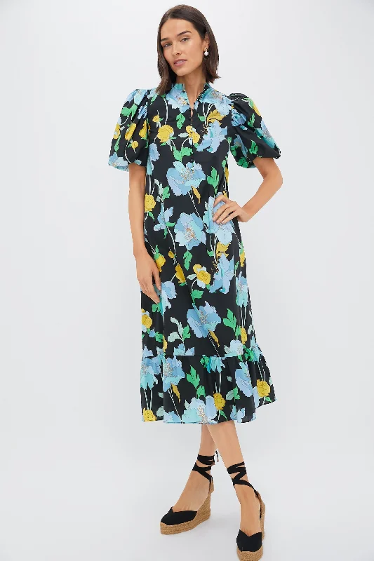 Chic asymmetrical dresses-Black & Airy Blue Floral Mimi Midi Dress