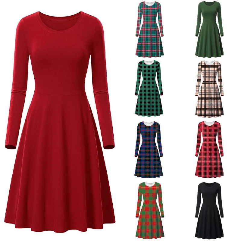 Modern tiered maxi dresses-Haute Edition Women's Christmas Plaid & Solid Holiday Long Sleeve Skater Party Dress